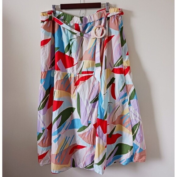 Eloquii Maxi Skirt Belted Side Slit Boho Tropical Multicolor Size 22 - Picture 1 of 11
